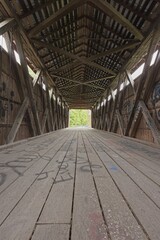 Inside an old covered bridge.