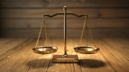 Bronze justice scales on wooden table.
