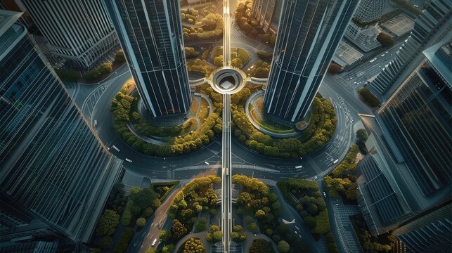 Business Park, Business Super Hub. Extreme Aerial view to see clear weaving pedestrian crossings between tower, podium, landscape. a few office tower with angular shape. Generative AI.