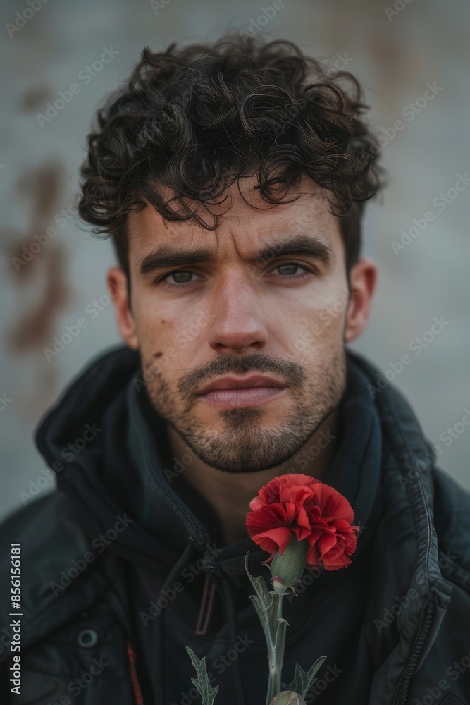Wall mural  A man with a beard wears a black jacket, his expression intense as he holds a red rose close to his chest and gazes into the camera lens Nearby, another person is seen - Wall murals