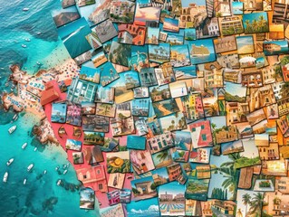 Obraz premium Top view of A collage of many photos. Lots of vacation travel photos.