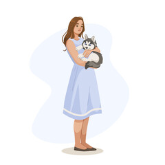 A woman holding a husky puppy in her arms, wearing a light blue dress, with a simple white background. Vector illustration