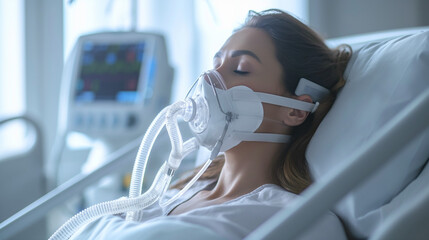 Woman in coma, heart rate falling on ecg monitor, intensive care hospital unit