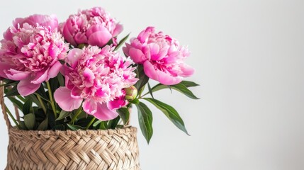 Fototapeta premium Pink Peonies in a Wicker Basket on a White Table