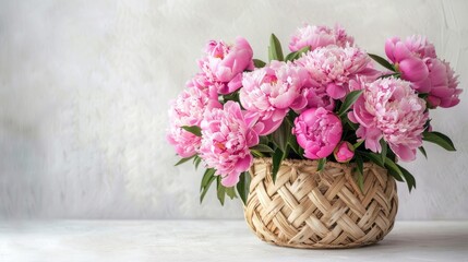 Pink Peonies in a Wicker Basket on a White Table