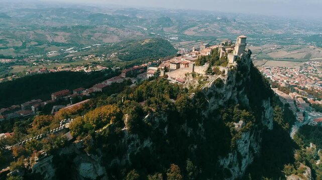 Aerial view of San Marino  also known as the Most Serene Republic of San Marino an enclaved microstate surrounded by Italy, situated on the Italian Peninsula on the northeastern side of the Apennines