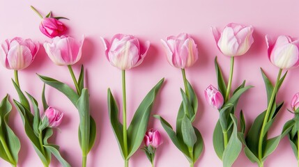 Fototapeta premium Peony tulips on pastel background Floral flat lay with pink blooms nature themed decor