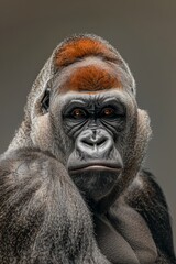  A tight shot of a gorilla's face with a red head against a white background The rest of its body, black in color, is contrasted by a gray background