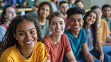 Obraz premium An energetic portrayal featuring headshots of university students clustered together against a backdrop of lecture halls and classrooms, reflecting the camaraderie.