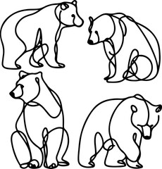 set of four bears drawn in one line without background