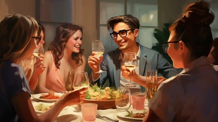 Close shot of friends toasting at a dinner party, heartfelt laughter, detailed view of glasses and expressions, side perspective