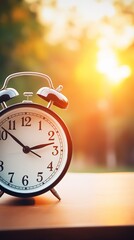 Daylight saving time concept, close-up of a clock with hands moving forward, bright morning light, clear focus