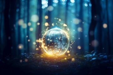 Fantastical image of a vivid moon casting light on a sparkling bokeh nature landscape, ethereal glow, tranquil setting