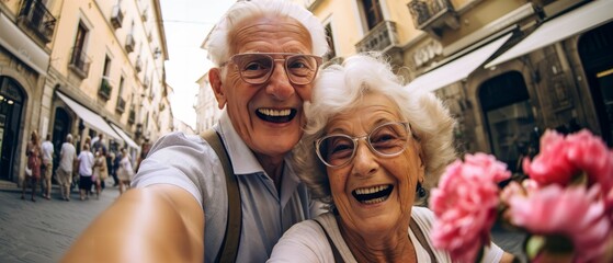 Happy elderly pair snapping a selfie in a historic European city, exploring cobblestone streets, engaging and lively