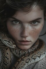  A woman with freckled skin gazes at the camera, a snake coiling around her neck; her hair and shoulders bear identical sunspots