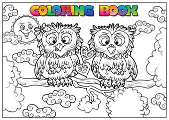 Black and white drawing of two owls in love, sitting on a tree branch, ready to be colored