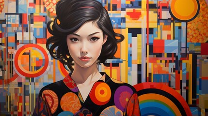 Japanese girl in a modern Tokyo setting, blend of traditional and contemporary clothing, vibrant acrylics
