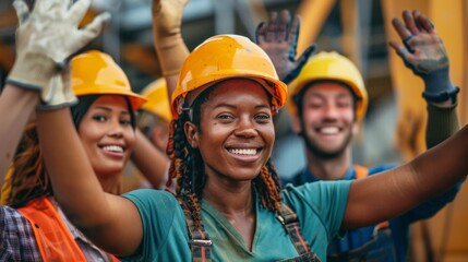 Diverse construction workers happily waving at the camera on the job site