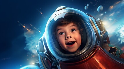 Little space explorer with helmet, thrilled by the sight of a rocket ascending into the clear blue ether, dynamic angle