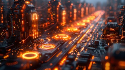 Abstract world of technology through a orange geometric lens, where lines and shapes converge to create a futuristic landscape.