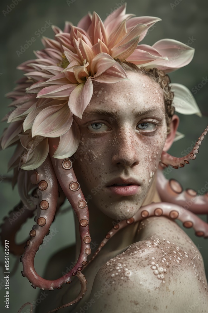 Poster  A woman wearing a flower in her hair holds an octopus around her neck - Posters