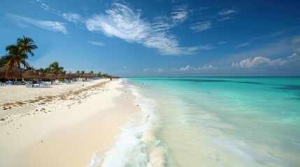 Obraz premium concept of relaxation on the ocean shore, white sand and palm leaves.