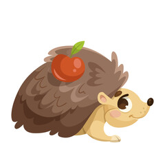 Cartoon hedgehog with an apple on its back on a white background. Cute animal illustration. Vector illustration