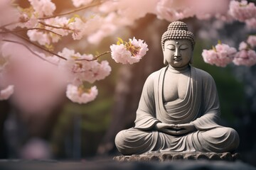 Serene Buddha statue seated in meditation, surrounded by a tranquil Zen garden, soft morning light filtering through cherry blossoms.