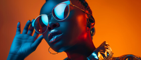 A stylish woman in futuristic sunglasses poses against a vibrant orange and blue background, signifying modern fashion and bold aesthetics.