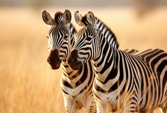 Fototapeta Two zebras (Equus quagga) standing in the grass, South Africa