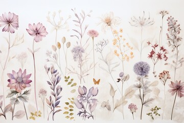 Whimsical floral wallpaper, vintage botanical prints, delicate fantasy elements, subtle watercolor finish, enchanting design