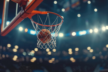 Basketball ball falling into the basketball hoop on basketball arena