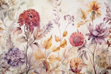 Whimsical floral wallpaper, vintage botanical prints, delicate fantasy elements, subtle watercolor finish, enchanting design