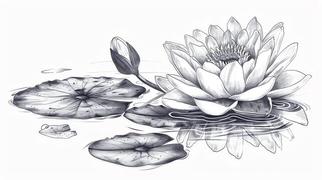 Elegant black-and-white sketch of a lotus flower with leaves floating on water, showcasing artistic botanical illustration.