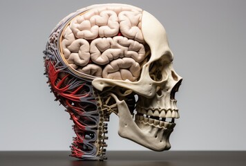 Human brain model on grey background. Anatomical model of human head.