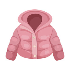 Pink puffer jacket with hood, vector illustration style, isolated on white background. Concept of winter clothing. Vector illustration