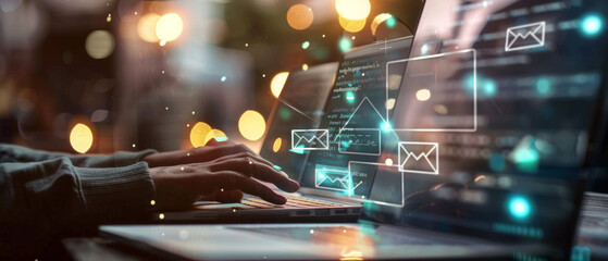 Hands typing on a laptop, overlaid with digital envelopes and floating data points, highlighting the essence of digital communication and technology.