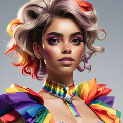 Naklejka premium Un acercamiento al bello rostro de una chica que luce un outfit de moda para el pride