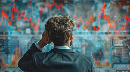 Fototapeta premium Businessman looking distressed with declining financial graphs. Generative AI.