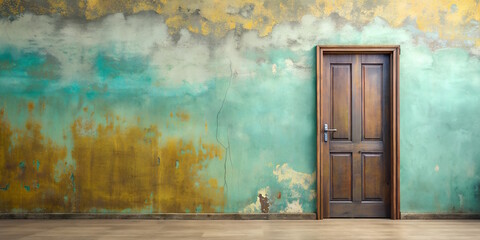 Door on Empty Old Wall with cracked plaster background , old desing, minimalism, copy space