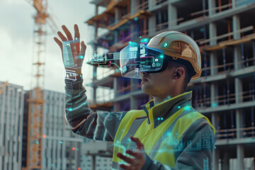 Engineer interacting with 3D hologram on site