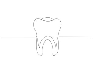 Continuous one line drawing of tooth. One line drawing illustration of tooth. Dentist stomatology concept single line. Editable outline.