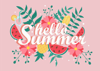 hello summer bunner, lettiring, flat  vector illuestration