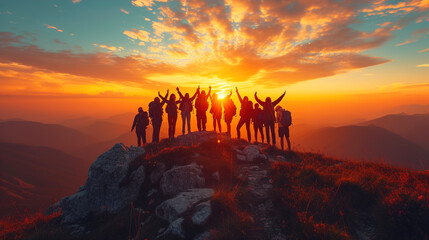 Group friends mountain climbers ascending steep cliffs or ridges with a sunset view
