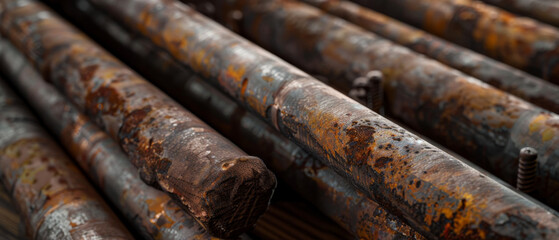 A collection of rusted metal pipes stacked together, showcasing the wear and degradation over time, rich with color and texture.