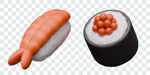 3D nigiri and sushi roll. Traditional dishes of seafood menu of Japanese cuisine