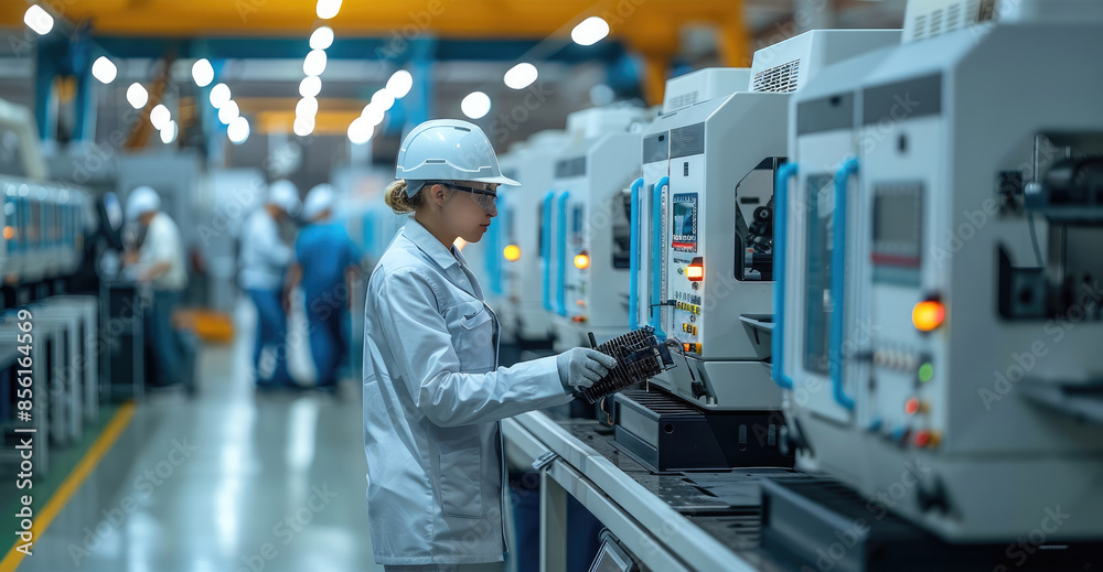 Poster workers assembling eco-friendly machines in a modern, clean factory, with a focus on green materials