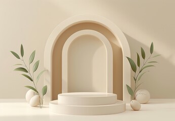 Fototapeta premium Minimalist Product Display with Arch and Green Leaves