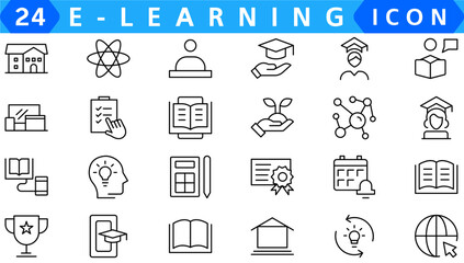 E-learning, online education icons set. 60 Electronic learning icons. Distance learning collection outline icons collection.
