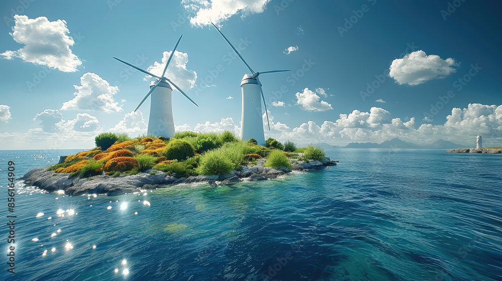 Poster windmill by sea, different types of clean energy. generative ai.